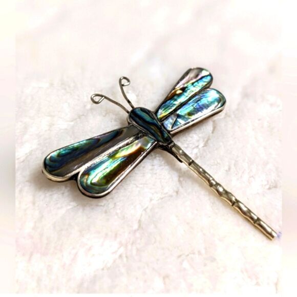 Vintage 80's Sterling Silver and Abalone Dragonfly Brooche - Picture 5 of 8